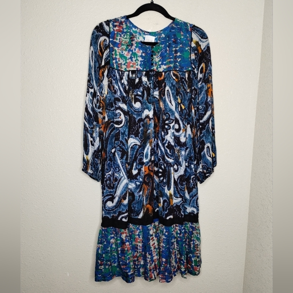 Anthropologie TRYB Silk Flowy Patterned Long Sleeve Dress Women's Size Small